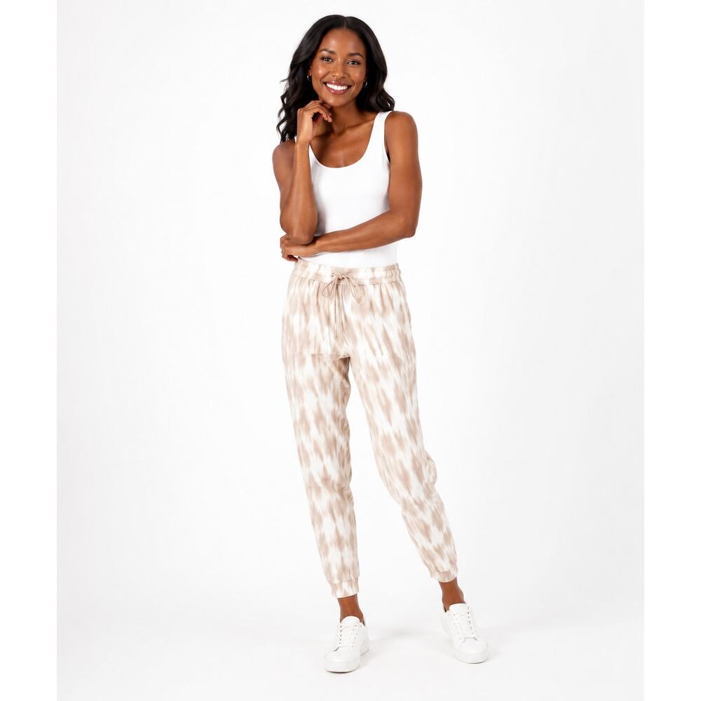 Zuda Women’s Medium Stretch Linen Jogger Pants Beige Print Pull On NWOT